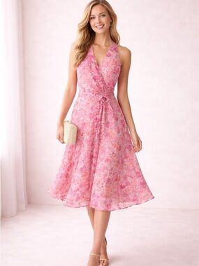 Kay Unger New York Pink Floral Halter Midi Dress | Size 8